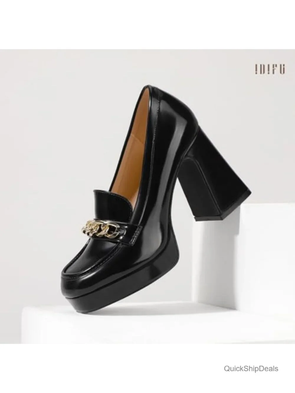 Platform Chunky Heel Loafers with Metal Chain | Square Toe Dress Shoes